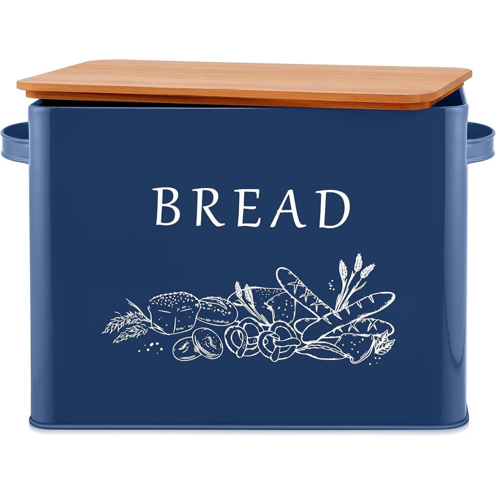 E-far Bread Box for Kitchen Countertop, Metal Bread Storage Container Bin with Bamboo Lid for Cutting Bread, Extra Large & Farmhouse Style, 13 x 7.2 x9.8, Black(Navy Blue)
