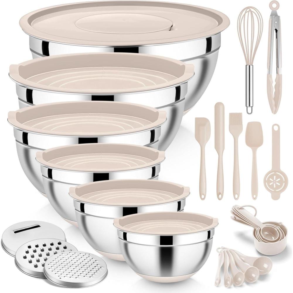 E-far 25PCS Mixing Bowls with Lid Set, Stainless Steel Nesting Prep Bowls with Grater Attachments Non-Slip Bottoms for Cooking, Serving, Food Storage, 4.6/2.6/2/1.5/1/0.7QT – Khaki(Khaki)