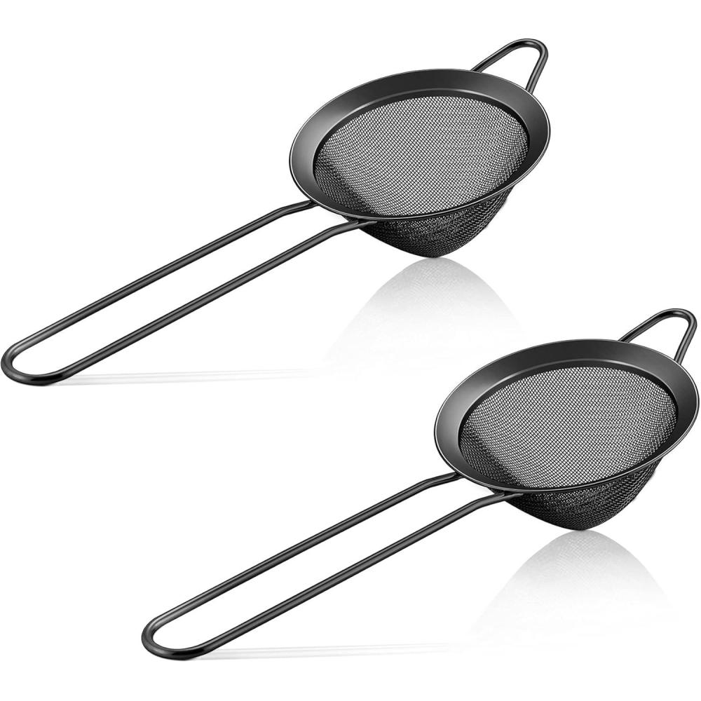 E-far Fine Mesh Strainer Set of 2, 3.3 Inches Stainless Steel Tea Strainer with Long Handle, Small Conical Mesh Strainers Sieve for Cocktail Coffee Food, Rust Proof & Easy to Clean (Silver)(Black-2)