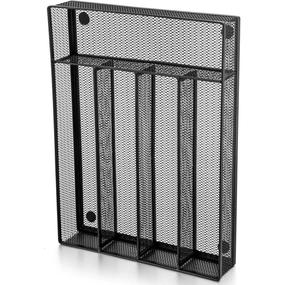 E-far Silverware Drawer Organizer, Mesh Wire Utensil Tray Drawer Organizer for Kitchen, Black Narrow Metal Flatware Cutlery Holder/Divider, 5 Compartment & Small Size – 12.5 x 9.25-Inch(Metal)