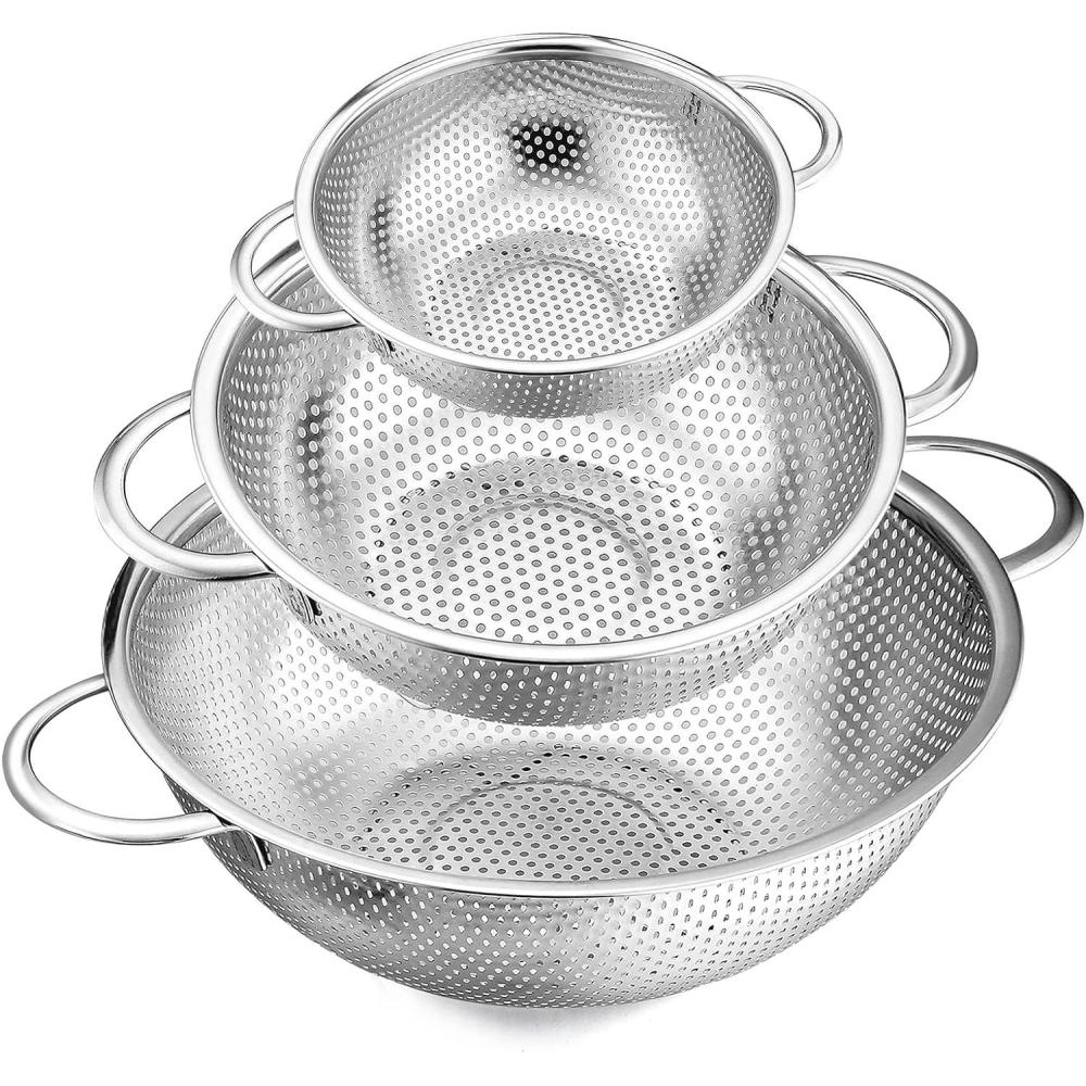 E-far Stainless Steel Colander Set of 3 (1-3-5Quart), Micro-Perforated Metal Colander Strainer with Handle for Kitchen/Draining Pasta/Rinsing Vegetables Fruits, Heavy Duty & Dishwasher Safe(1 + 3 + 5 QT)