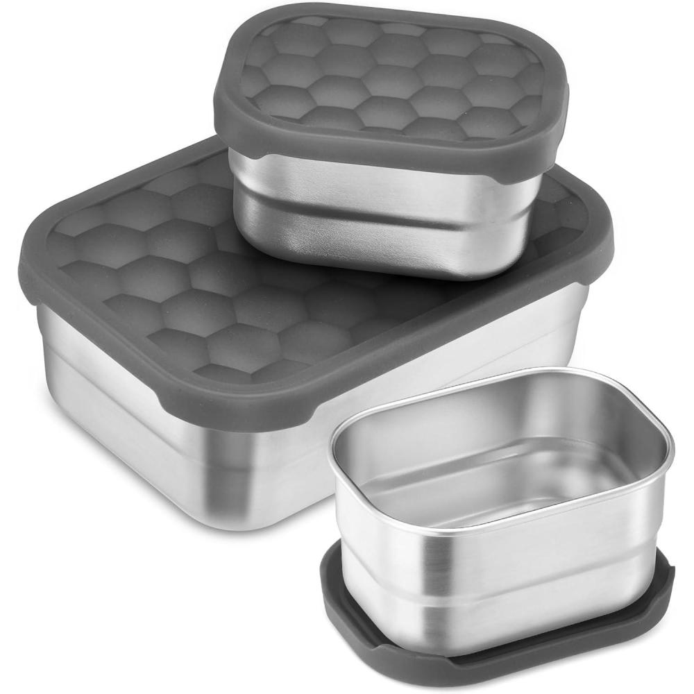 E-far 4-Pack Stainless Steel Snack Containers for Kids | 8oz Reusable Toddler Lunch Box Containers with Leak-Proof Lids for School/Daycare/Travel | Stackable Design & Easy Open, Oven & Dishwasher Safe(Gray)