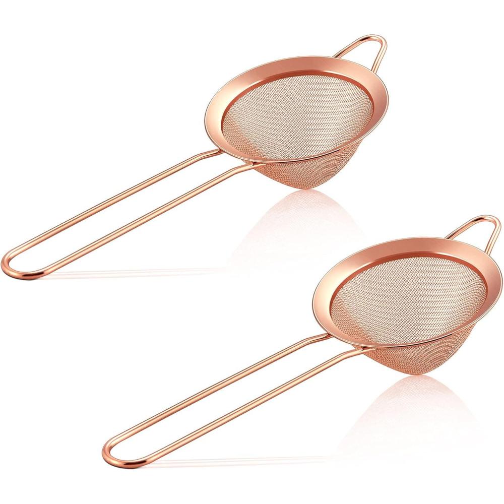 E-far Fine Mesh Strainer Set of 2, 3.3 Inches Stainless Steel Tea Strainer with Long Handle, Small Conical Mesh Strainers Sieve for Cocktail Coffee Food, Rust Proof & Easy to Clean (Silver)(Copper-2)