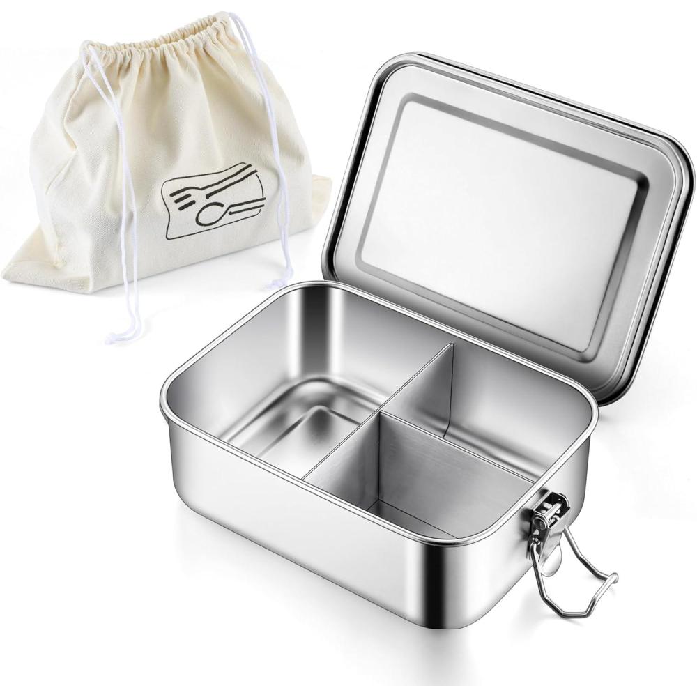 E-far 4 Pieces Stainless Steel Bento Box, Large 2400ml Metal Lunch Box, 81oz Leak-Proof Lunch Food Container with Lids and Divider, Reusable Meal Storage for Camping Picnic Travel Work(1)