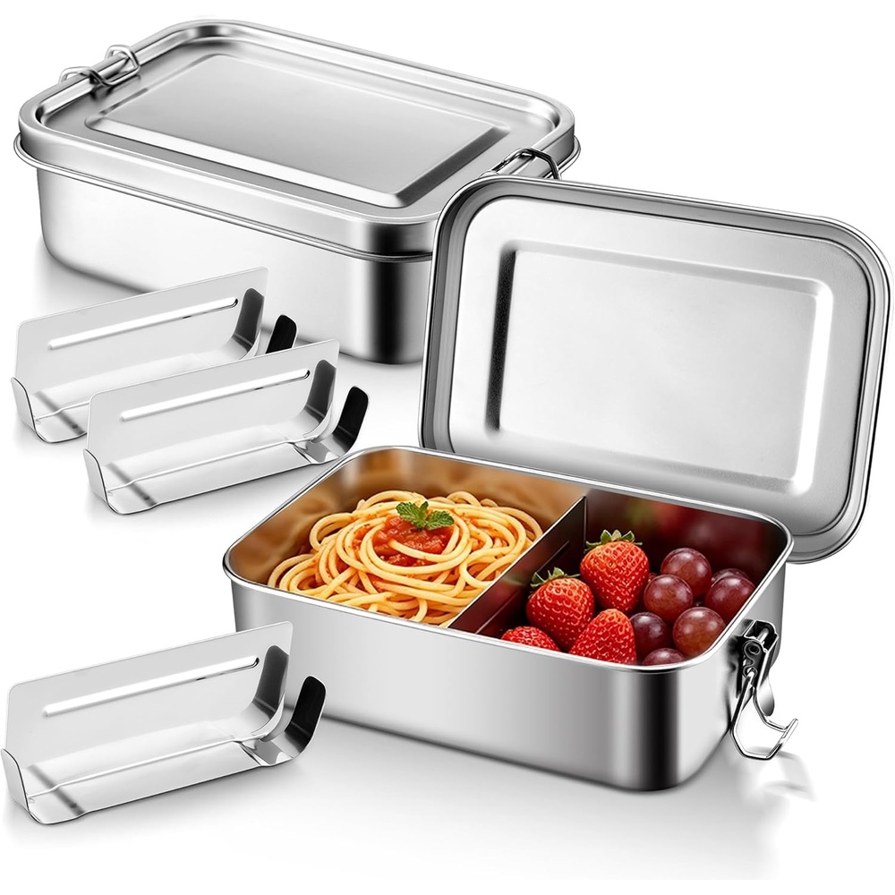 E-far Stainless Steel Bento Box, 2 Pieces 81oz/2400ml Metal Lunch Box for Kids & Adults, Leak-Proof Lunch Container with Lids and 2 Removable Dividers, Reusable Meal Storage for Camping Travel Work