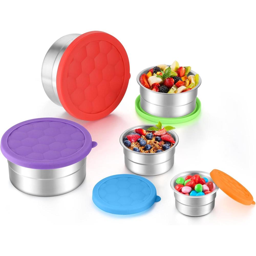 E-far Snack Containers with Lid Set of 3 (3, 6, 12.9oz), Stainless Steel Food Container for Kids Toddlers Adults, Round Metal Reusable Food Storage Box for Daycare School, Leak Proof & Stackable(Red  Purple  Green  Blue  Orange)