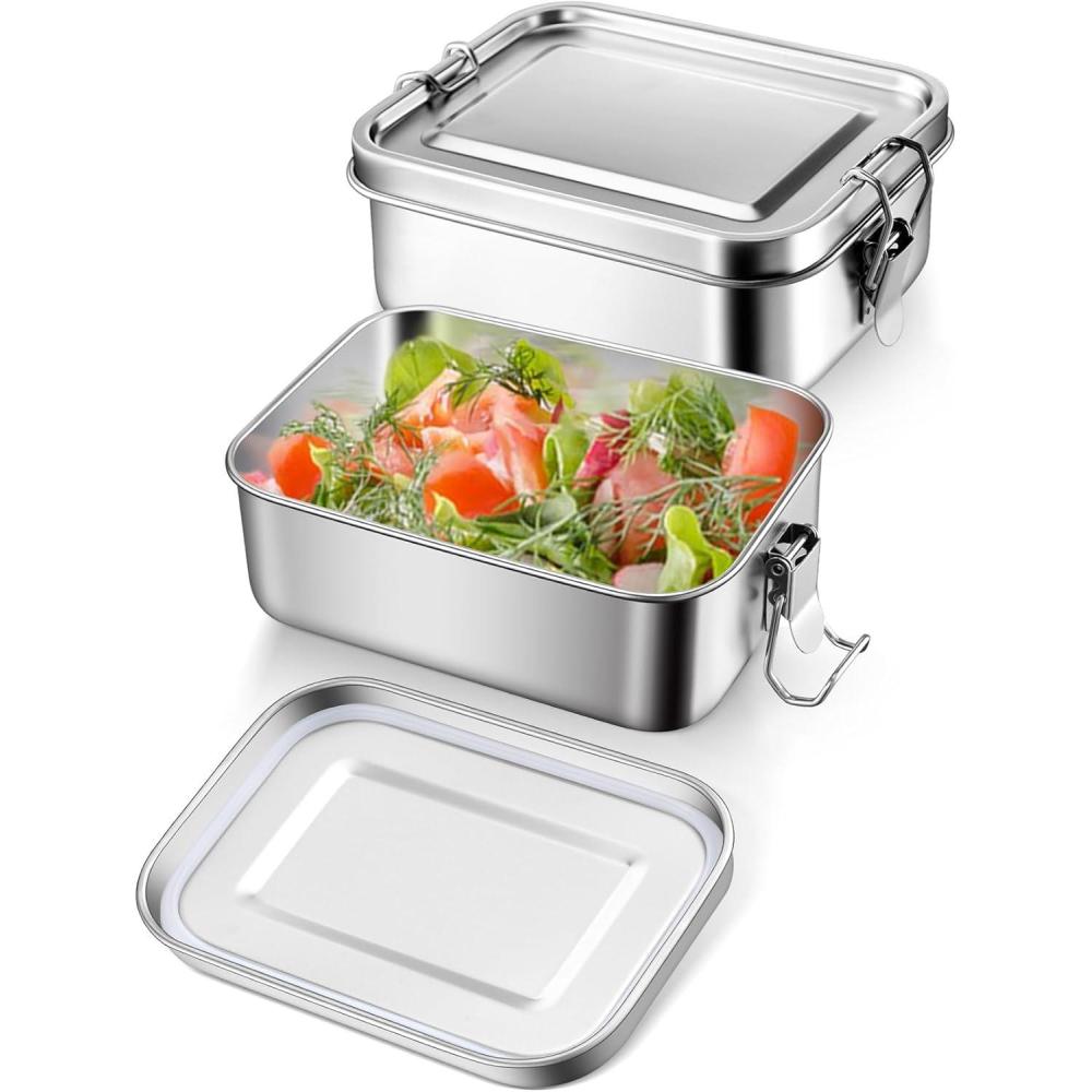 E-far Stainless Steel Bento Box, Large 1400ml Metal Bento Lunch Box Container, 49oz Leak-Proof Lunch Container with Lids and 2 Removable Dividers, Reusable Meal Storage for Camping Picnic Travel Work(2)