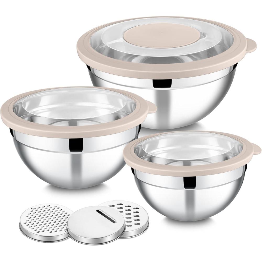 E-far Mixing Bowls Set of 5, Stainless Steel Salad Mixing Bowl with Transparent Lid, Metal Nesting Bowl Attach with 3 Graters for Kitchen Prepping/Serving/Baking/Storage, 4.6/2.6/1.5/1/0.7 QT – Black(Khaki)