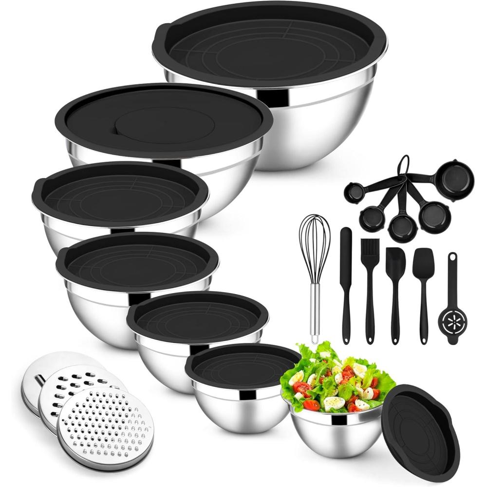 E-far Stainless Steel Mixing Bowls with Lids Set, 5-Piece Nesting Salad Bowls with 3 Grater Attachments and Non-Slip Bottoms, Size 4.6, 2.6, 2, 1.5, 1QT for Kitchen (Black)(Black)