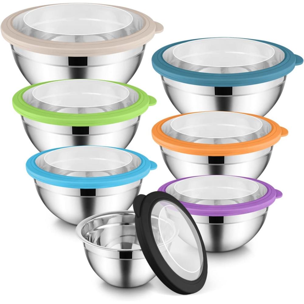 E-far Mixing Bowls Set of 7, Stainless Steel Mixing Bowls with Airtight Clear Lids, Metal Nesting Bowls for Kitchen Prep, Baking, Serving, Dishwasher Safe, Size 4.6, 3.5, 3, 2, 1.5, 1, 0.7QT, Black(Multicolor)