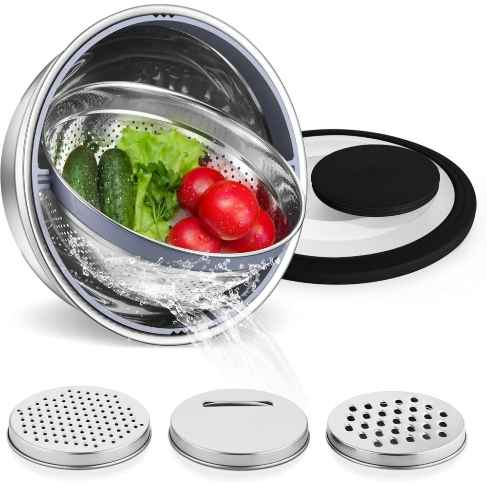 E-far Colander with Mixing Bowl Set, 4-1 Stainless Steel Colander Strainers Bowl with Graters for Kitchen, Rotatable Food Strainer Bowl for Rinsing Fruits Vegetables/Draining Pasta – Blue(Black)