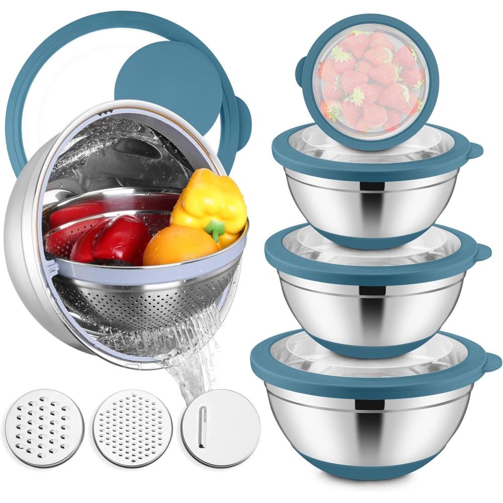 E-far Mixing Bowls with Lids Set, 15PCS Stainless Steel Mixing Nesting Bowl with Colander & 3 Metal Grater for Kitchen Prep/Baking/Storage, Non-Slip Bottom & Airtight Lid, 4.6, 3, 1.5, 1, 0.7QT, Khaki(Blue)