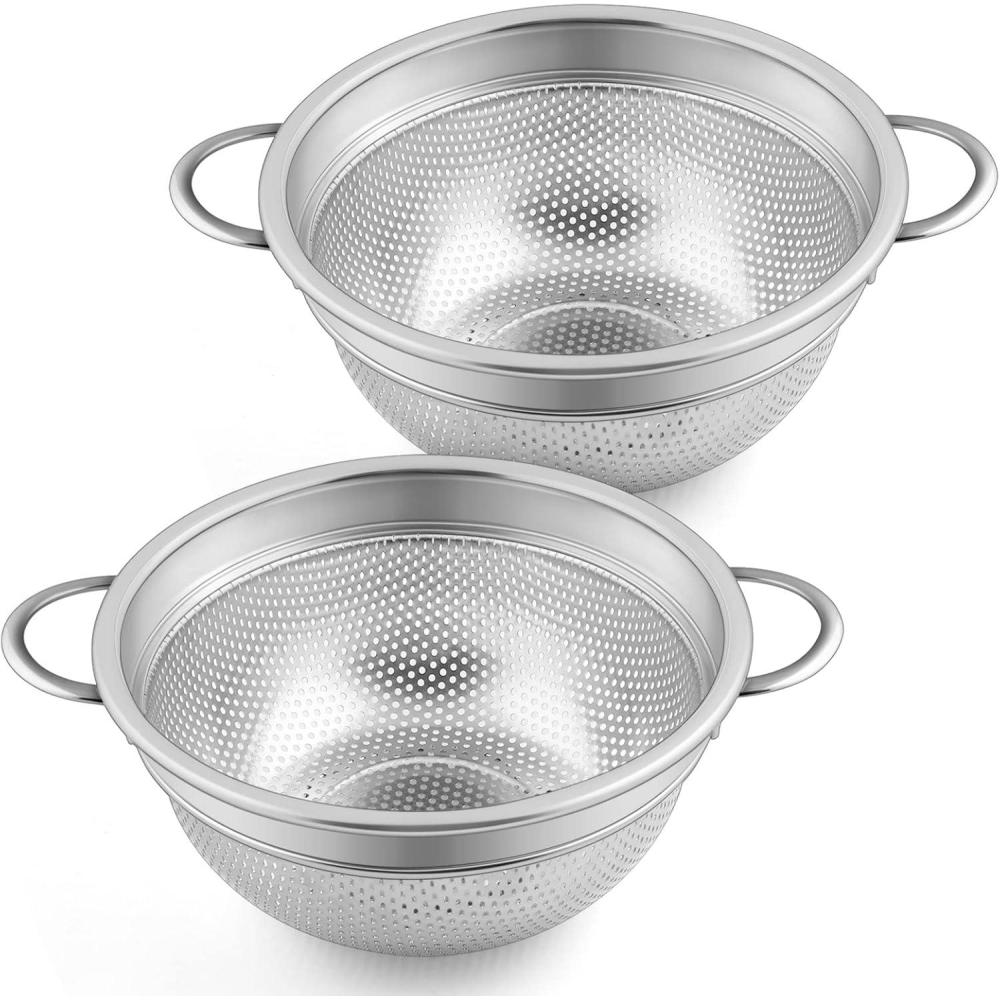 Colander Set of 2, E-far 3qt Stainless Steel Micro-Perforated Colander Small Metal Strainer with Handle for Kitchen/Draining Pasta/Rinsing Berry Fruits, Heavy Duty & Dishwasher Safe