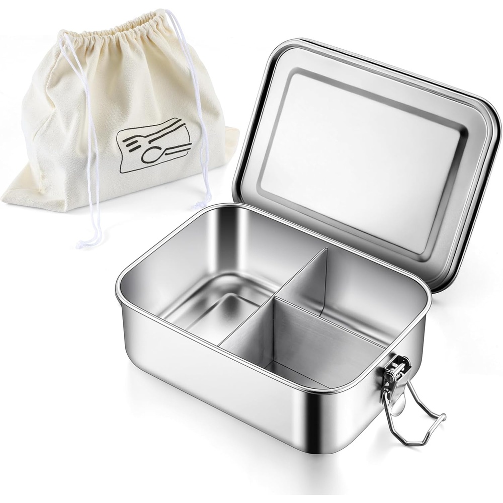 E-far 2 Pieces Stainless Steel Bento Box, Large 2400ml Metal Lunch Box, 81oz Leak-Proof Lunch Food Container with Lids and Divider, Reusable Meal Storage for Camping Picnic Travel Work(1)