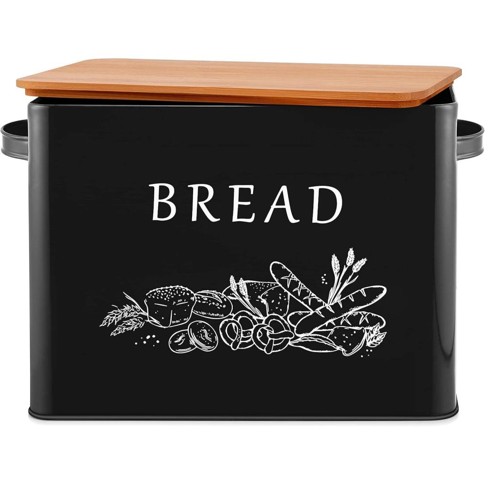 E-far Bread Box for Kitchen Countertop, Metal Bread Storage Container Bin with Bamboo Lid for Cutting Bread, Extra Large & Farmhouse Style, 13 x 7.2 x9.8, Black(Black)