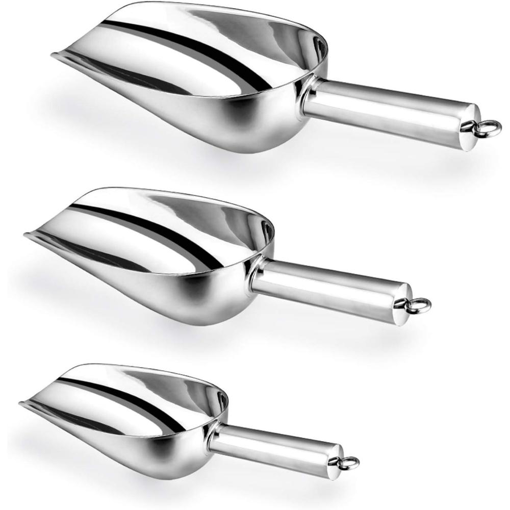 Stainless Steel Scoop Set of 3 (3-5-8 Ounce), E-far Small Metal Scoops for Candy/Flour/Dry Goods/Sugar/Ice Cube, Heavy Gauge Kitchen Utility for Canisters/Jars, Rust Free & Dishwasher(5-8-12 Ounce)
