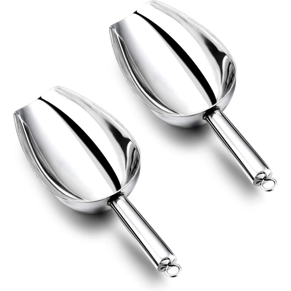 8 Ounce Ice Scoop Set of 2, E-far Stainless Steel Scoops for Ice Cube/Candy/Flour/Sugar, Metal Utility Scoops for Party, Baking, Kitchen Pantry, Rust Free & Dishwasher Safe(12 Ounce)