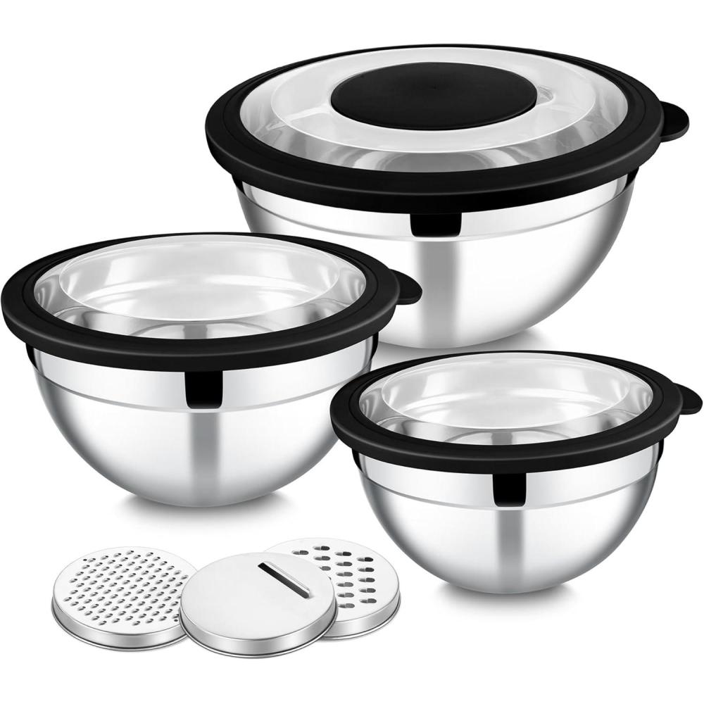 E-far Mixing Bowls Set of 5, Stainless Steel Salad Mixing Bowl with Transparent Lid, Metal Nesting Bowl Attach with 3 Graters for Kitchen Prepping/Serving/Baking/Storage, 4.6/2.6/1.5/1/0.7 QT – Black(Black)