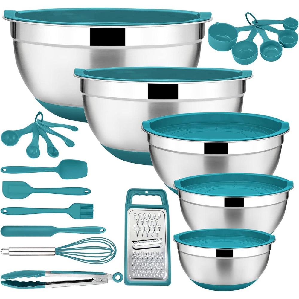 22-Piece Mixing Bowls with Teal Blue Lids & Accessories Set, E-far Stainless Steel Nesting Bowls with Covers & Non-Slip Bottoms, Metal Bowls for Cooking/Baking/Serving/Storage -Size 7/3.5/2.5/1.5/1 QT(Teal Blue)