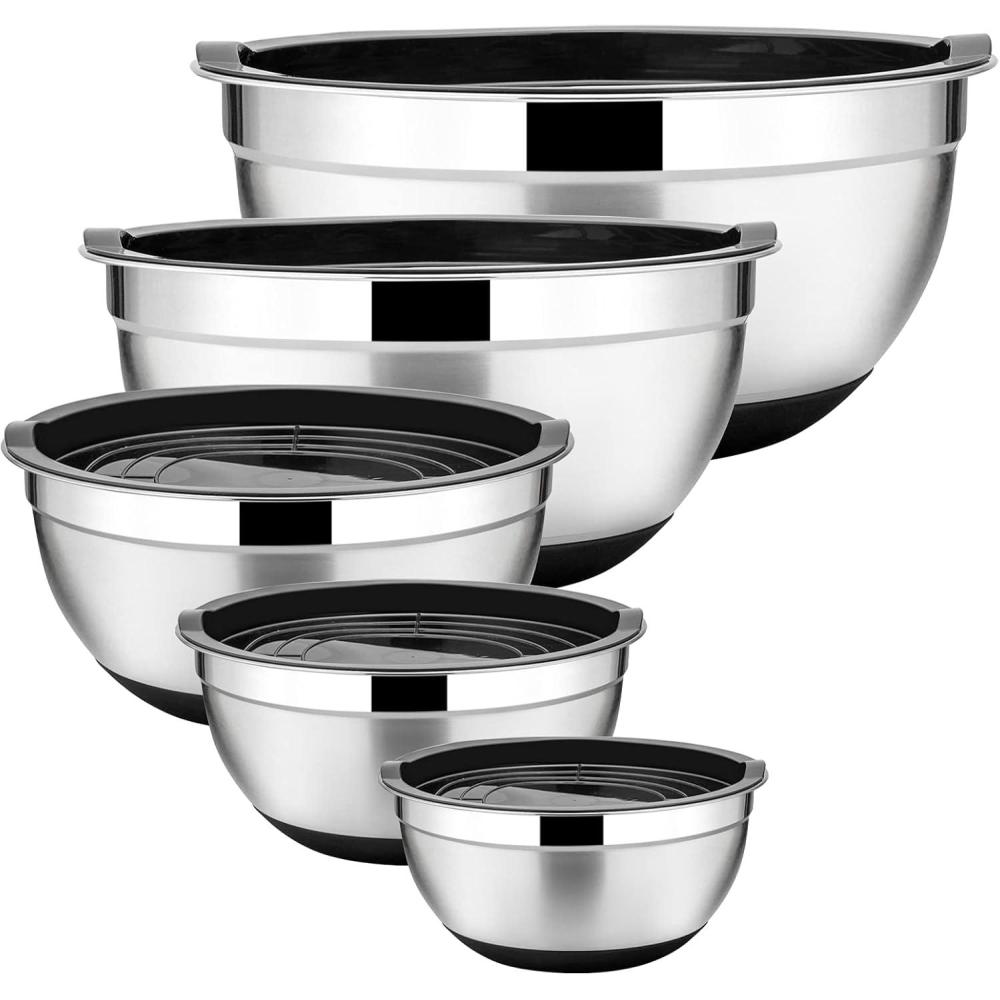 E-far Stainless Steel Mixing Bowls Set of 5, Size 7/3.5/2.5/1.5/1 QT, Metal Nesting Bowls with Black Airtight Lids & Non-Slip Bottoms, Great for Kitchen Cooking, Baking, Serving, Food Prep(Black)