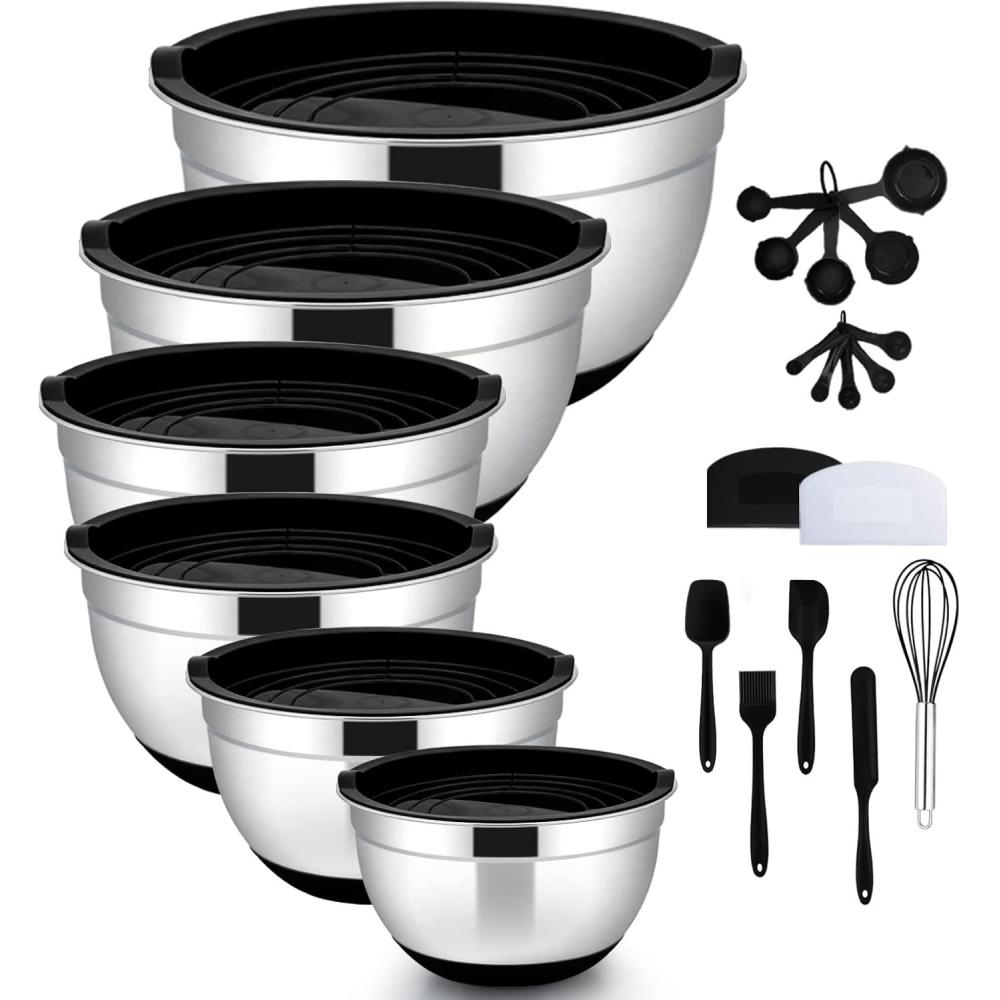 E-far Mixing Bowls with Lids Set, 23-Piece Stainless Steel Nesting Bowls with Black Airtight Lids and Non-Slip Bottoms, Size 5, 3, 2.5, 1.5, 1, 0.5QT, Great for Baking/Mixing/Prepping/Serving