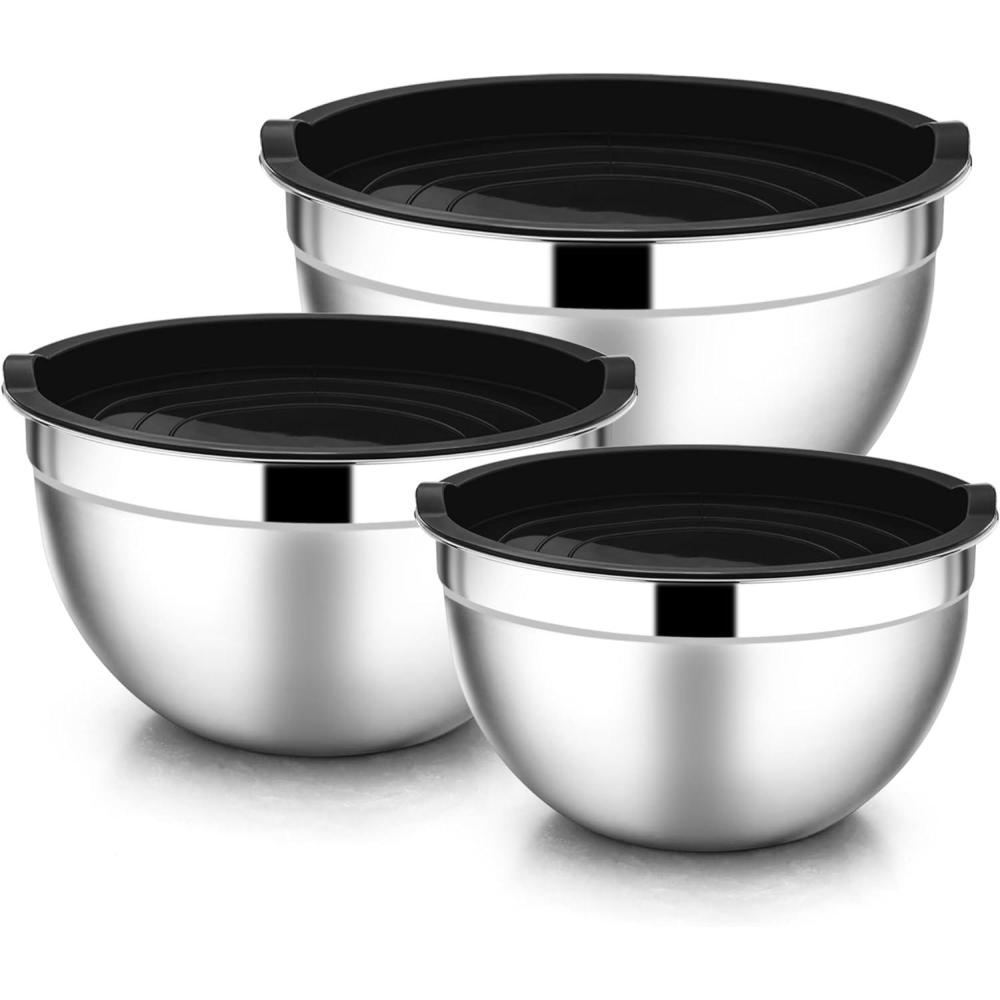 E-far Mixing Bowls With Lids Sets of 5, 10-Piece Stainless Steel Salad Metal Nesting Bowl for Baking Cooking and Prepping, Airtight Lid & Stackable Design, Size 4.6, 3, 2.1, 1.5, 0.7 QT, Blue(Black)