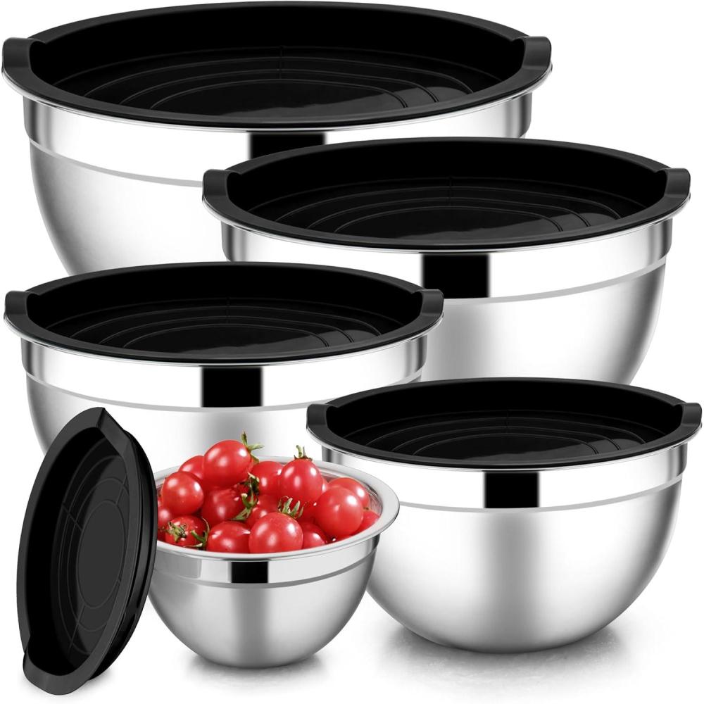 E-far Mixing Bowls with Lids Set of 5, Stainless Steel Mixing Bowls Metal Nesting Bowls with Airtight Lids, Non-toxic & Dishwasher Safe, Great for Cooking, Baking, Serving – Size 0.7/1/1.5/3/4.6QT(Black)