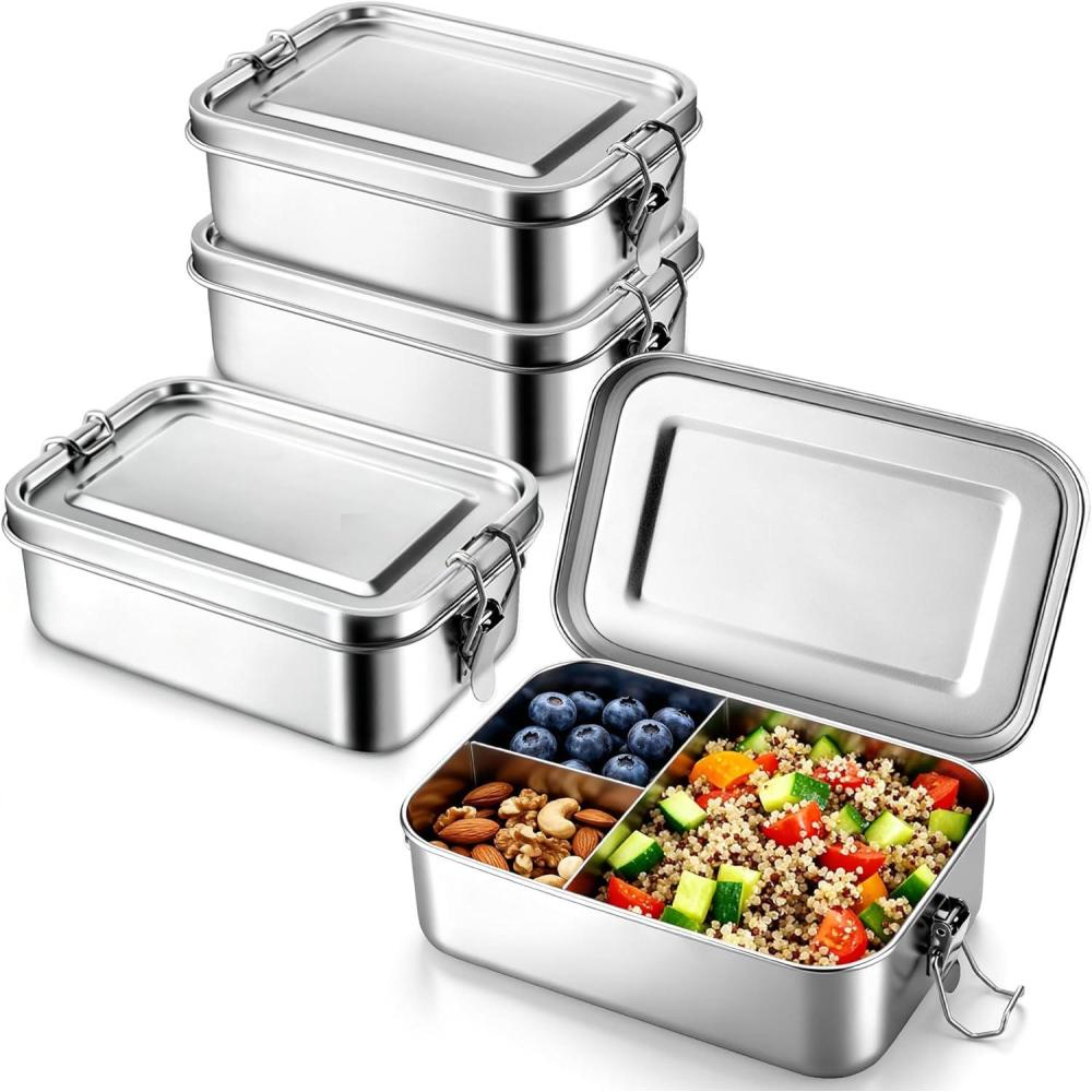 E-far 4 Pieces Stainless Steel Bento Box, Large 2400ml Metal Lunch Box, 81oz Leak-Proof Lunch Food Container with Lids and Divider, Reusable Meal Storage for Camping Picnic Travel Work(4)
