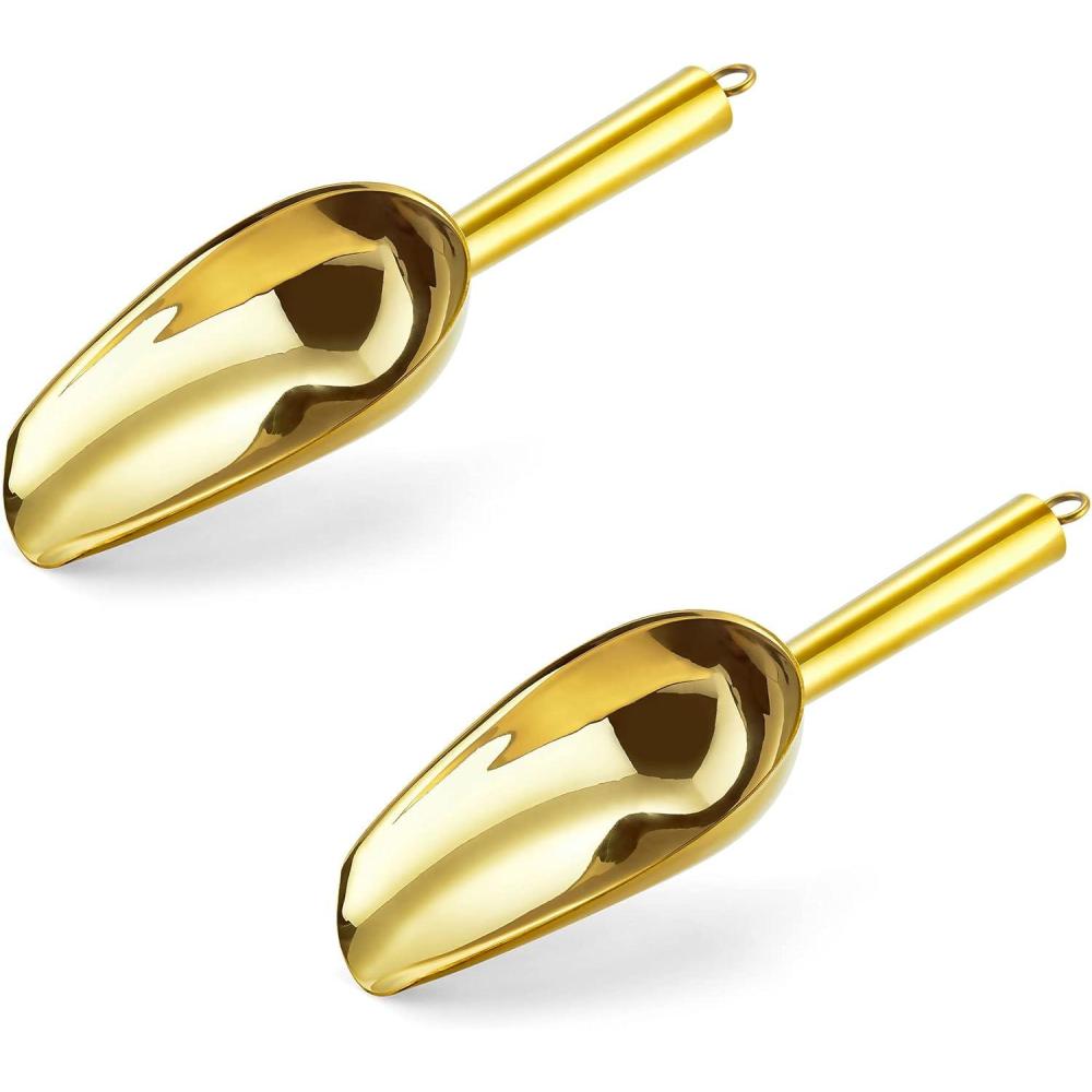 E-far 6 Ounce Ice Scoop Set of 2, Small Stainless Steel Scoops for Ice Cube/Candy/Flour/Sugar, Metal Utility Scoops for Canisters, Baking, Kitchen Pantry, Rust Free & Dishwasher Safe(Gold)