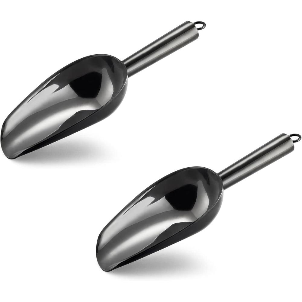 E-far 6 Ounce Ice Scoop Set of 2, Small Stainless Steel Scoops for Ice Cube/Candy/Flour/Sugar, Metal Utility Scoops for Canisters, Baking, Kitchen Pantry, Rust Free & Dishwasher Safe(Black)