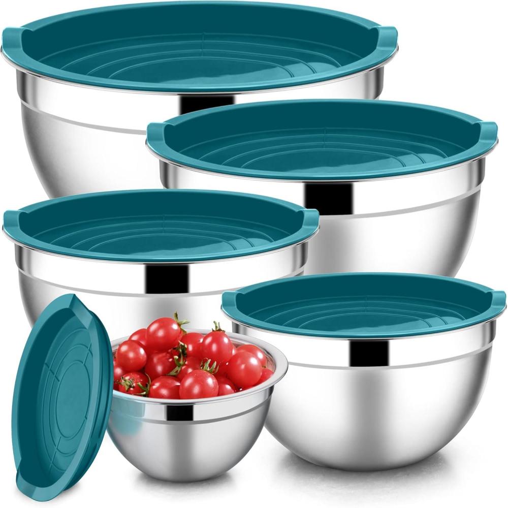 E-far Mixing Bowls with Lids Set of 5, Stainless Steel Mixing Bowls Metal Nesting Bowls with Airtight Lids, Non-toxic & Dishwasher Safe, Great for Cooking, Baking, Serving – Size 0.7/1/1.5/3/4.6QT(Teal Blue)