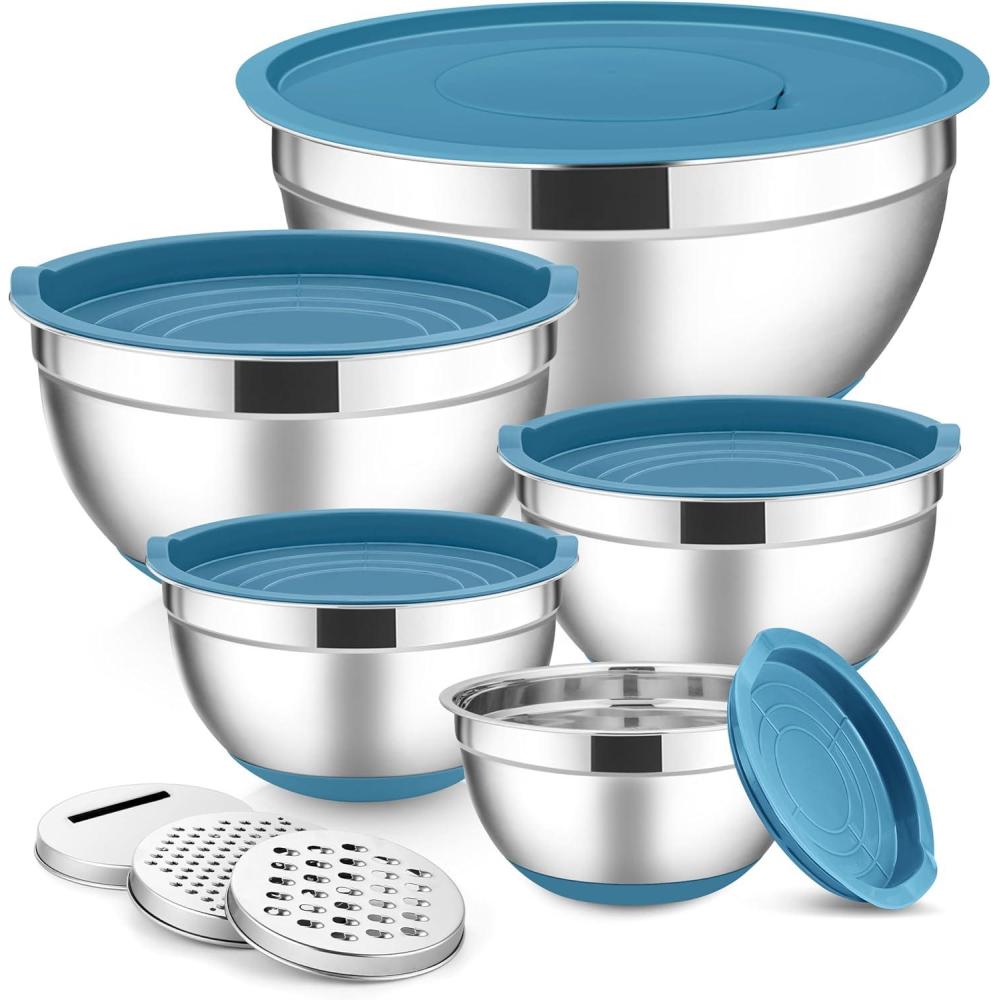 E-far Stainless Steel Mixing Bowls with Lids Set, 5-Piece Nesting Salad Bowls with 3 Grater Attachments and Non-Slip Bottoms, Size 4.6, 2.6, 2, 1.5, 1QT for Kitchen (Black)(Blue)
