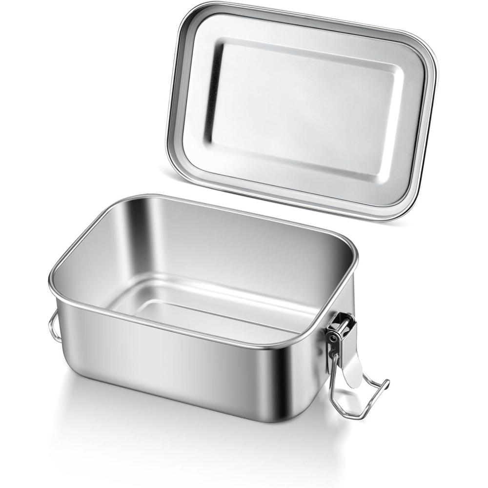 E-far Stainless Steel Bento Box, Large 1400ml Metal Bento Lunch Box Container, 49oz Leak-Proof Lunch Container with Lids and 2 Removable Dividers, Reusable Meal Storage for Camping Picnic Travel Work(1)