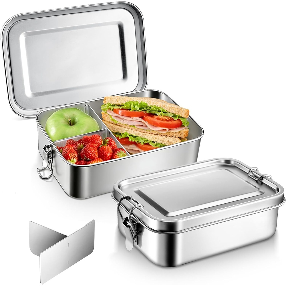 E-far 2 Pieces Stainless Steel Bento Box, Large 2400ml Metal Lunch Box, 81oz Leak-Proof Lunch Food Container with Lids and Divider, Reusable Meal Storage for Camping Picnic Travel Work(2)