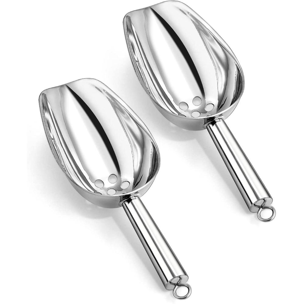 Ice Scoops with Holes, E-far 6 Ounce Stainless Steel Scoops with Drain Holes to Reduce Unwanted Dilution, Metal Scoop for Ice Maker/Freezer/Bar, Rust Free & Dishwasher Safe-2 Pack(8 Ounce)