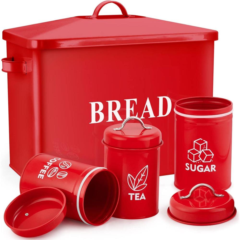 E-far Red Bread Box with Canister Sets for Kitchen Countertop, Metal Bread Bin Storage Container Holder for Modern Farmhouse Decor, Vintage Style & Extra Large – Holds 2+ Loaves Sugar Coffee Tea(Red)