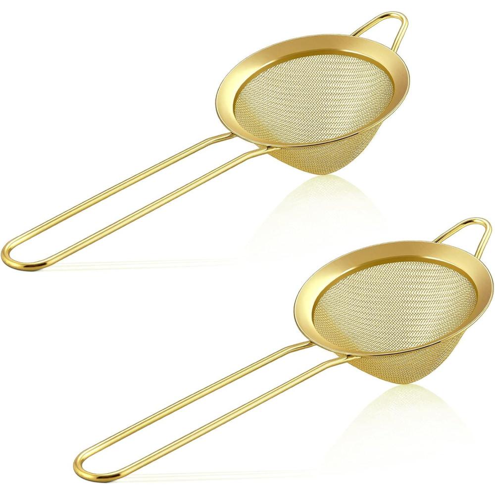 E-far Fine Mesh Strainer Set of 2, 3.3 Inches Stainless Steel Tea Strainer with Long Handle, Small Conical Mesh Strainers Sieve for Cocktail Coffee Food, Rust Proof & Easy to Clean (Silver)(Gold-2)