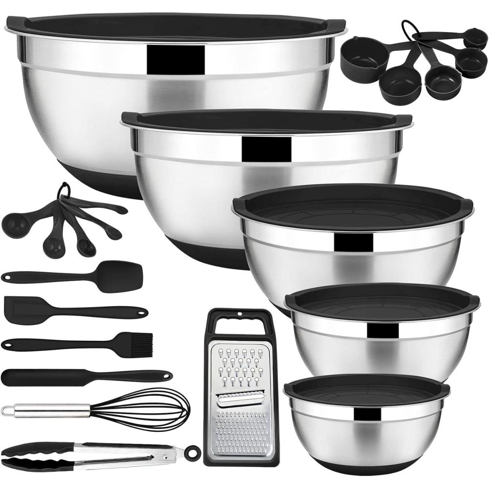 22-Piece Mixing Bowls with Teal Blue Lids & Accessories Set, E-far Stainless Steel Nesting Bowls with Covers & Non-Slip Bottoms, Metal Bowls for Cooking/Baking/Serving/Storage -Size 7/3.5/2.5/1.5/1 QT(Black)