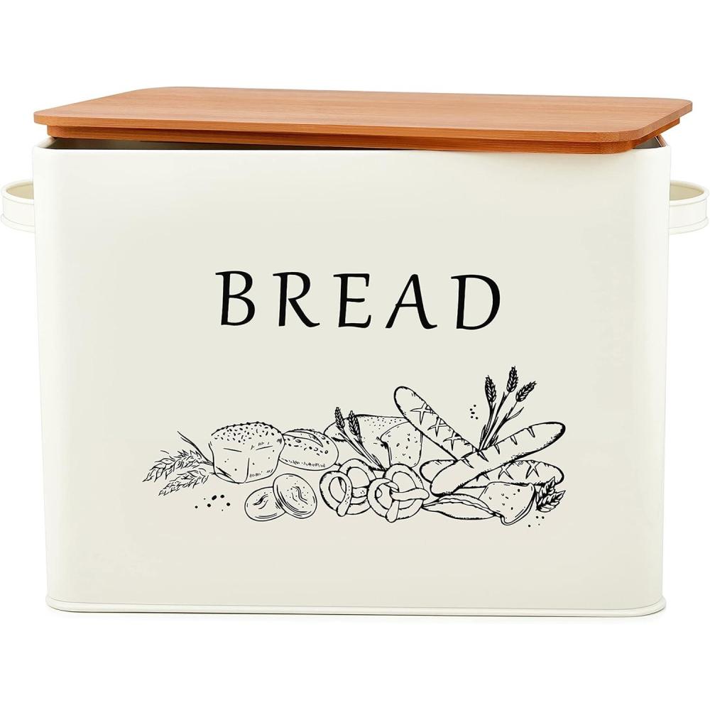 E-far Bread Box for Kitchen Countertop, Metal Bread Storage Container Bin with Bamboo Lid for Cutting Bread, Extra Large & Farmhouse Style, 13 x 7.2 x9.8, Black(Cream)