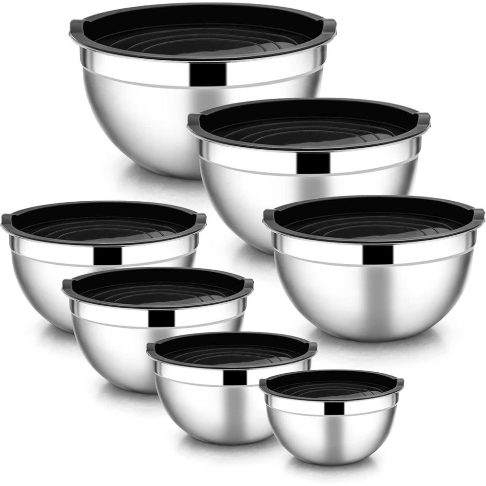 E-far Stainless Steel Mixing Bowls with Airtight Lids, 7-Piece Metal Nesting Bowls with Black Lids for Saving Storage Space, Size 7, 4.6, 3, 2, 1.5, 1, 0.7QT, Great for Baking/Cooking/Prepping(Black)