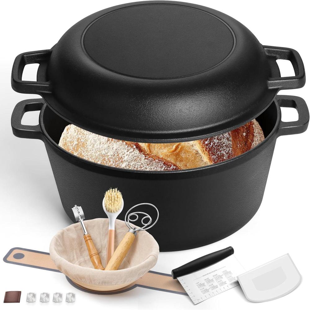E-far 5QT Dutch Oven for Bread Baking, 2-IN-1 Cast Iron Pot with Skillet Lid & Sourdough Starter Kit, Bread Oven Pan with Baking Supplies for Frying, Braising, BBQ, Rust-Free & Heavy Duty(Black)