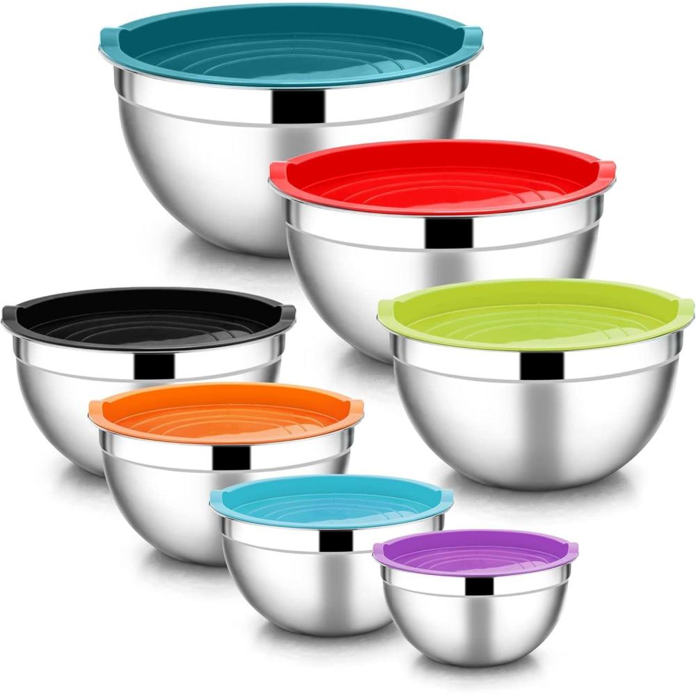 E-far Stainless Steel Mixing Bowls with Airtight Lids, 7-Piece Metal Nesting Bowls with Black Lids for Saving Storage Space, Size 7, 4.6, 3, 2, 1.5, 1, 0.7QT, Great for Baking/Cooking/Prepping(Colorful)