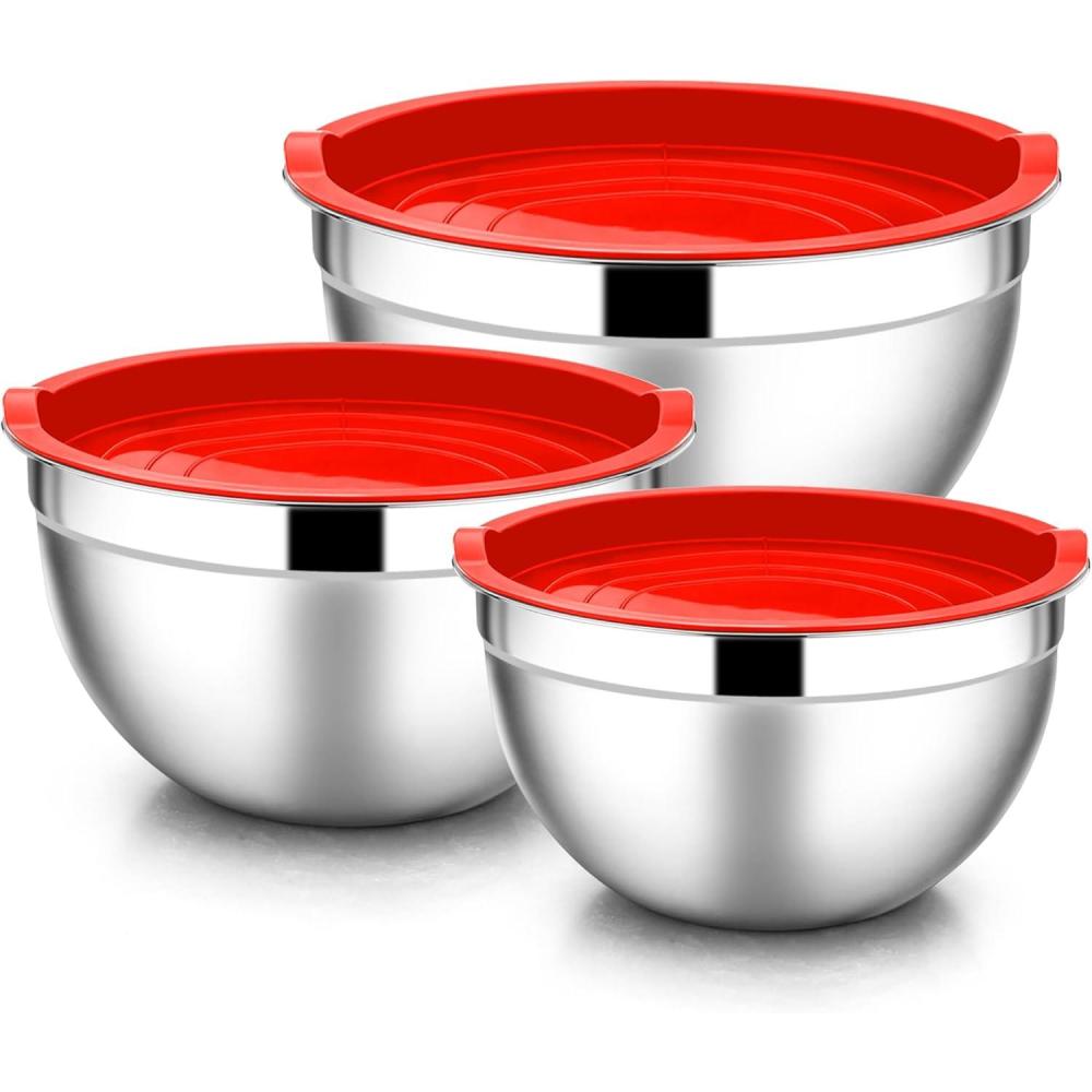 E-far Mixing Bowls With Lids Sets of 5, 10-Piece Stainless Steel Salad Metal Nesting Bowl for Baking Cooking and Prepping, Airtight Lid & Stackable Design, Size 4.6, 3, 2.1, 1.5, 0.7 QT, Khaki(Red)