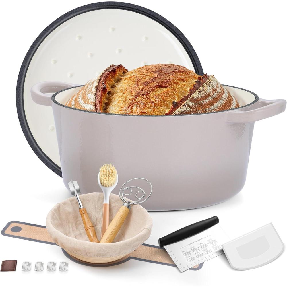 E-far 5QT Dutch Oven for Bread Baking, 2-IN-1 Cast Iron Pot with Skillet Lid & Sourdough Starter Kit, Bread Oven Pan with Baking Supplies for Frying, Braising, BBQ, Rust-Free & Heavy Duty(Khaki)