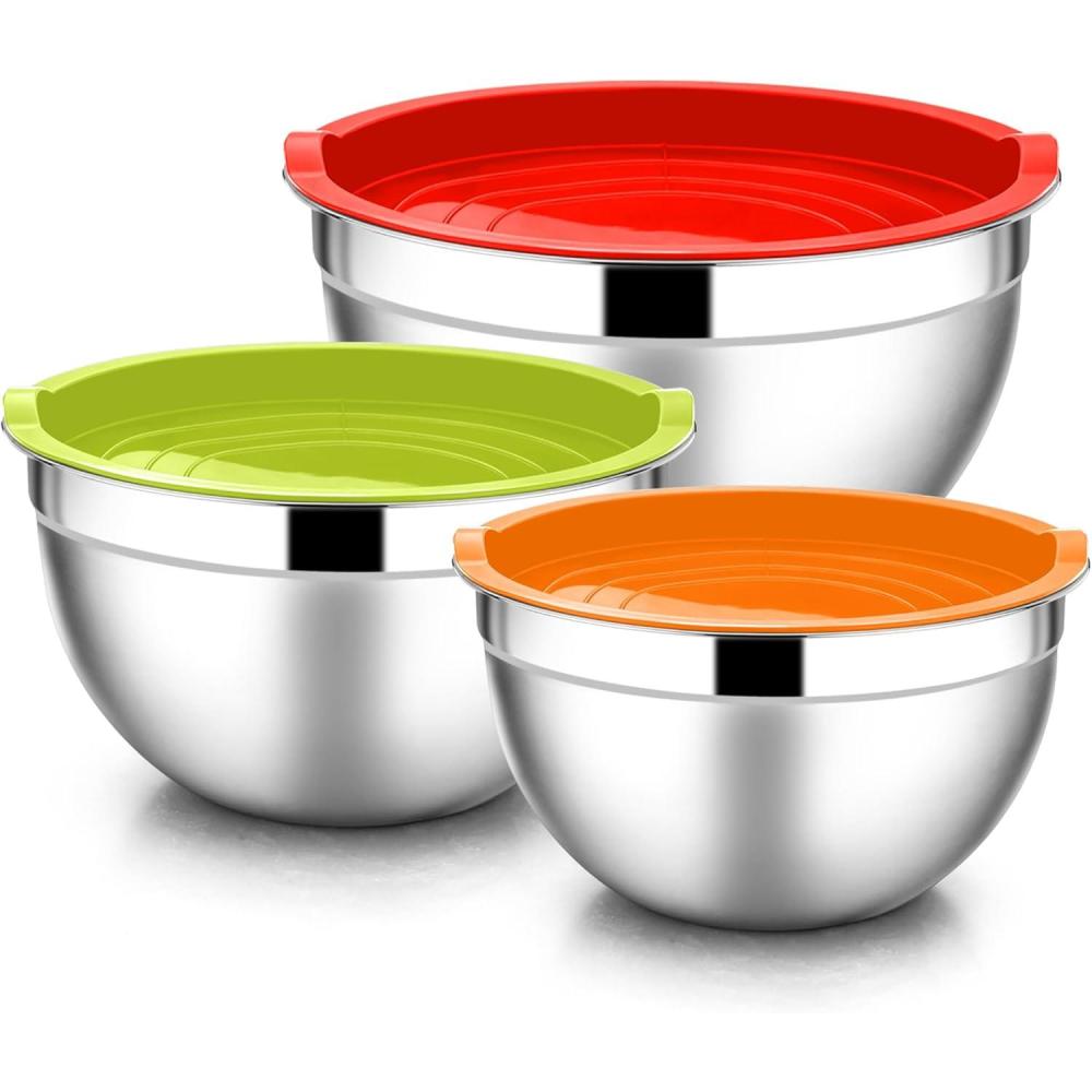 E-far Mixing Bowls With Lids Sets of 5, 10-Piece Stainless Steel Salad Metal Nesting Bowl for Baking Cooking and Prepping, Airtight Lid & Stackable Design, Size 4.6, 3, 2.1, 1.5, 0.7 QT, Black(Multicolor)