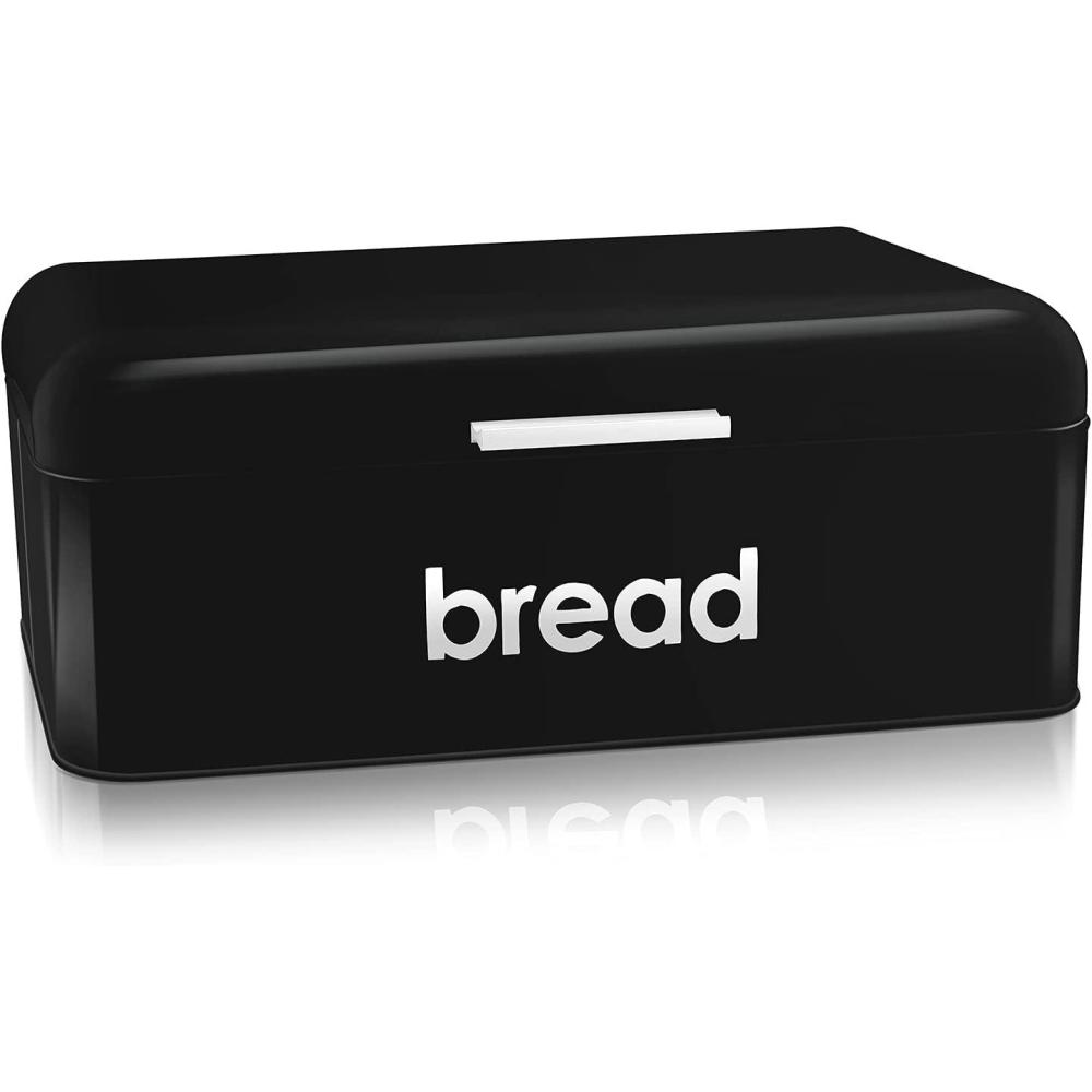 E-far Vintage Bread Box for Kitchen Countertop, Black Metal Bread Storage Container Retro Bread Bin for Pastries/Loaves/Dry Food, Large Capacity & Modern Design (16.7 x 9 x 6.4)(Black)
