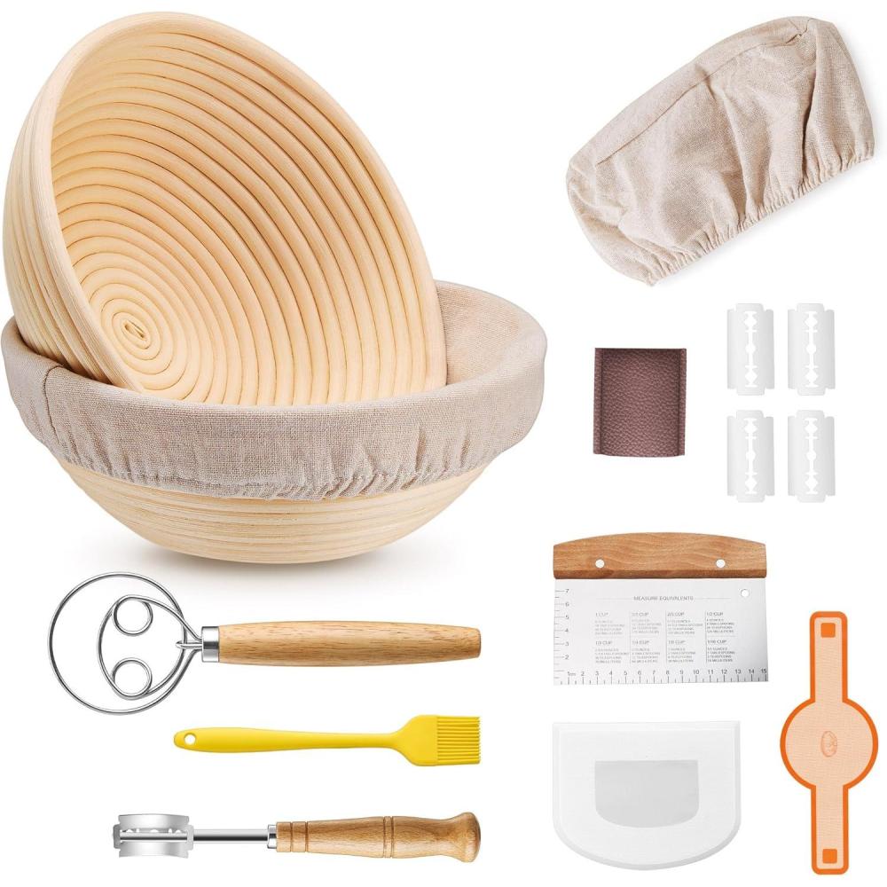 E-far Bread Proofing Basket, 9 Inch Round and 10 Inch Oval Sourdough Bread Baking Supplies, Complete Sourdough Starter Kit for Beginners(9Round & 9Round)