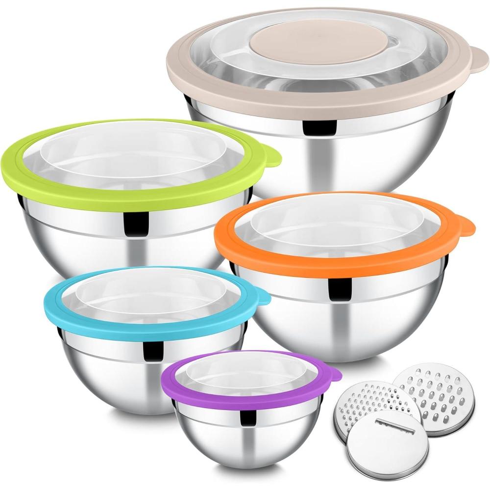 E-far Mixing Bowls Set of 5, Stainless Steel Salad Mixing Bowl with Transparent Lid, Metal Nesting Bowl with 3 Graters for Kitchen Prepping/Serving/Baking/Storage, 4.6/2.6/1.5/1/0.7 QT – Colorful