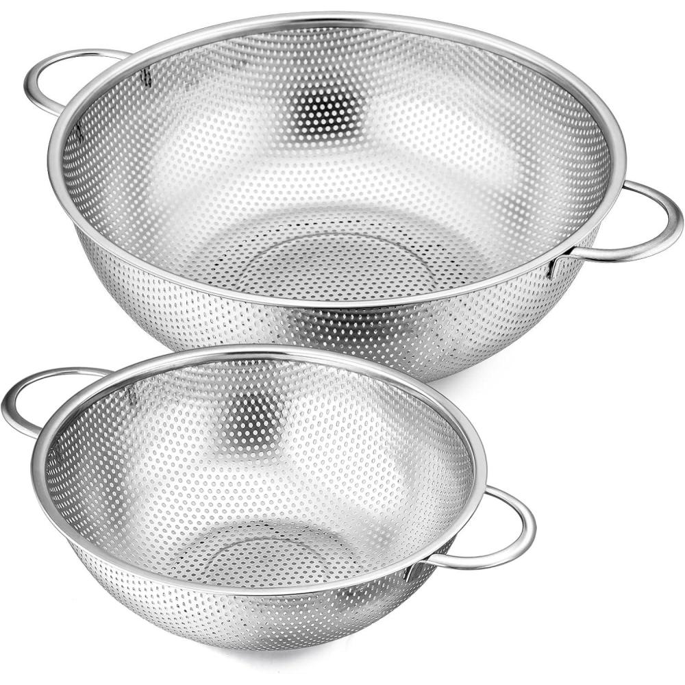 E-far Stainless Steel Colander Set of 3 (1-3-5Quart), Micro-Perforated Metal Colander Strainer with Handle for Kitchen/Draining Pasta/Rinsing Vegetables Fruits, Heavy Duty & Dishwasher Safe(3 + 5 QT)