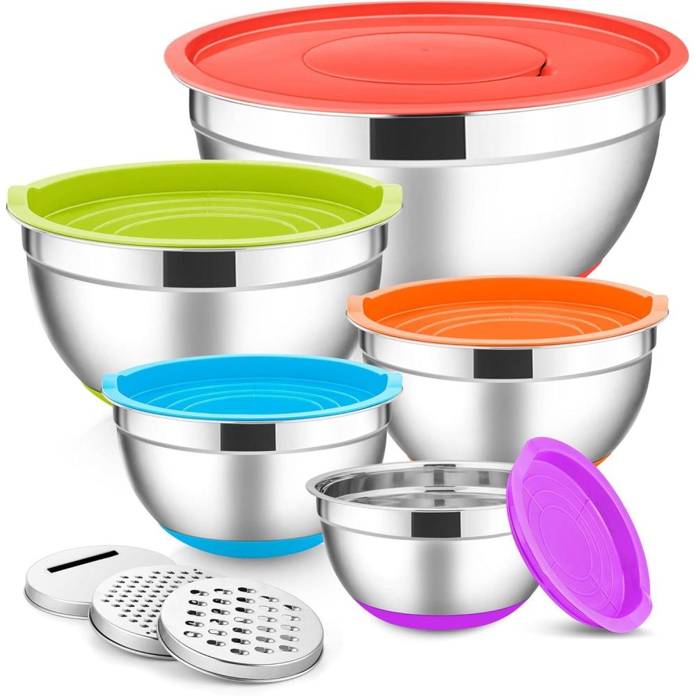 E-far Stainless Steel Mixing Bowls with Lids Set, 5-Piece Nesting Salad Bowls with 3 Grater Attachments and Non-Slip Bottoms, Size 4.6, 2.6, 2, 1.5, 1QT for Kitchen (Black)(Colorful)